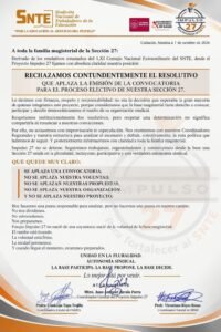 Impulso 27 manifiesta inconformidad por renovación del SNTE Sección 27 en Sinaloa