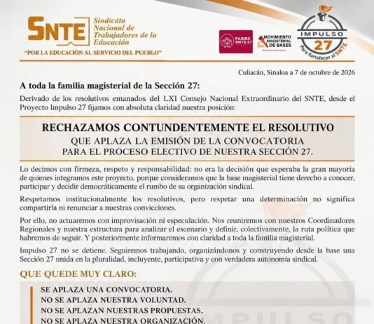 Impulso 27 expresa inconformidad por aplazamiento de la renovación del SNTE Sección 27 en Sinaloa Impulso 27 manifiesta inconformidad por renovación del SNTE Sección 27 en Sinaloa