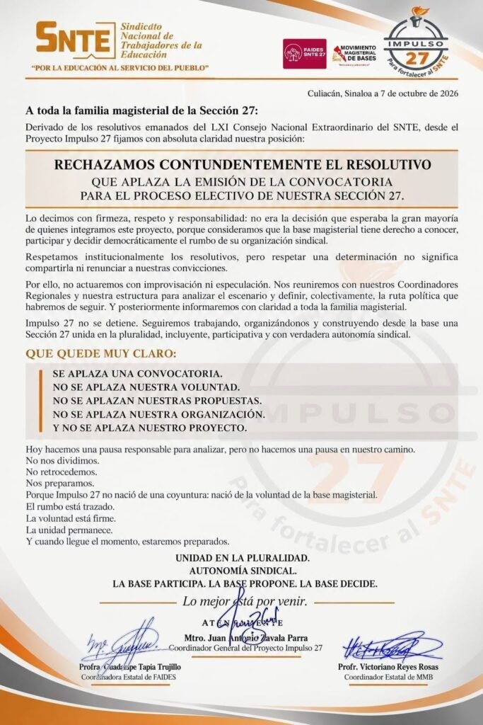 Impulso 27 manifiesta inconformidad por renovación del SNTE Sección 27 en Sinaloa